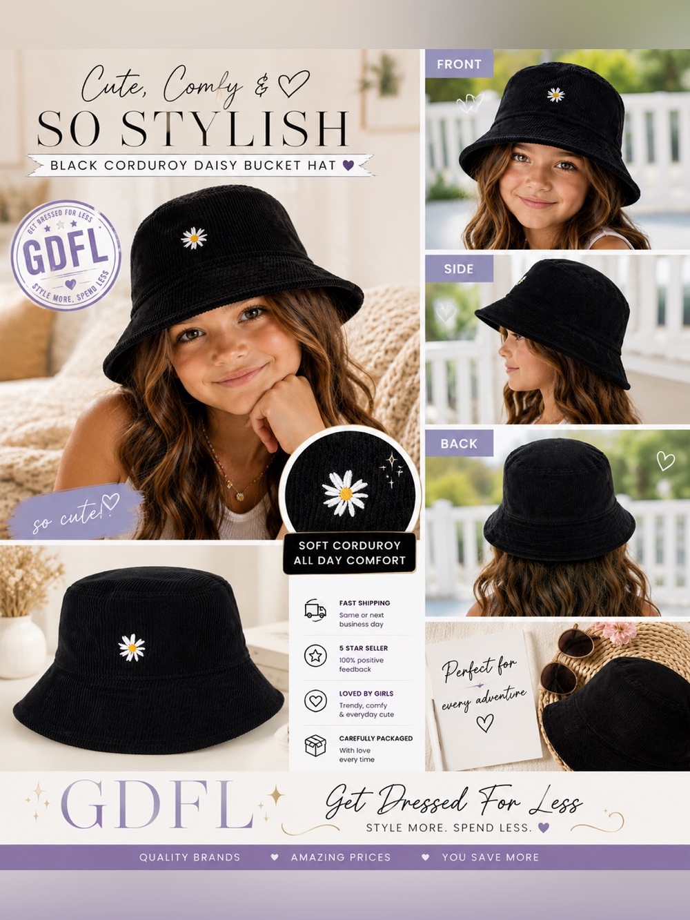 Art Class Black Corduroy Daisy Bucket Hat Girls One Size Soft NWOT Trendy